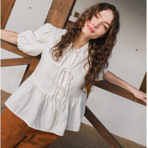 notPERFECTLINEN Melina Linen Tie Front Blouse Forest Green Coquette Small - Picture 6 of 6